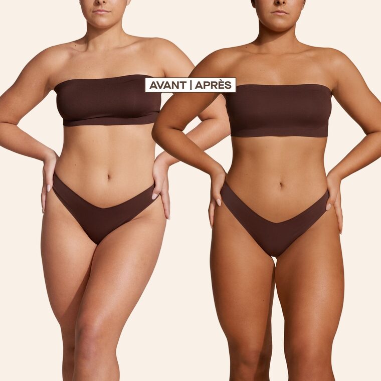 R&eacute;sultat avant et apr&egrave;s d'un bronzage sans soleil avec la mousse autobronzante NUDA.