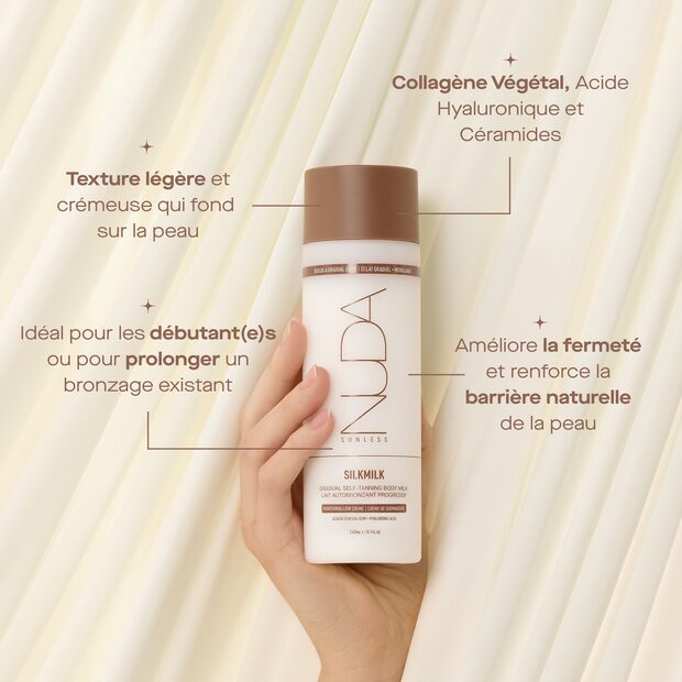 Formule du lait autobronzant progressif NUDA SilkMilk&nbsp;: collag&egrave;ne v&eacute;g&eacute;tal, acide hyaluronique et c&eacute;ramides.
