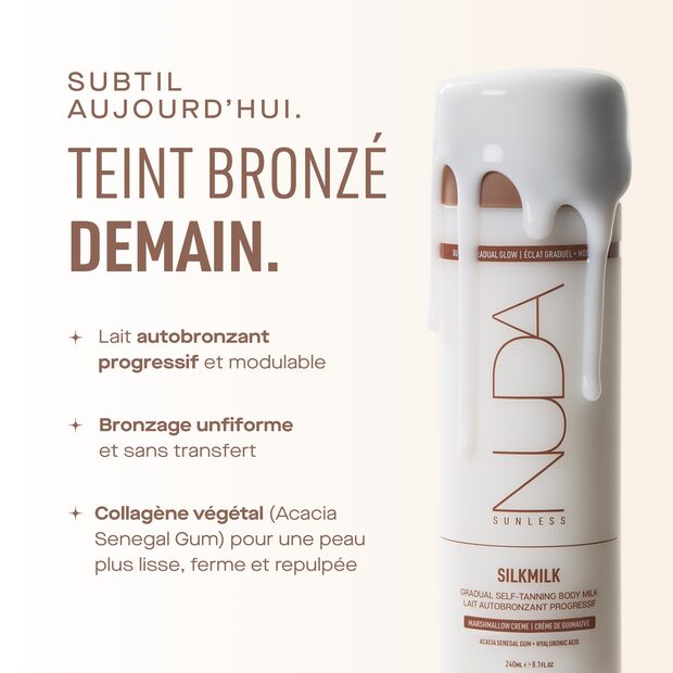 Lait autobronzant progressif NUDA SilkMilk, subtil aujourd'hui, teint bronz&eacute; demain.