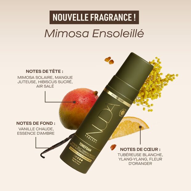 Mousse autobronzante express NUDA ToneFoam Olive, fragrance Mimosa Ensoleill&eacute;.